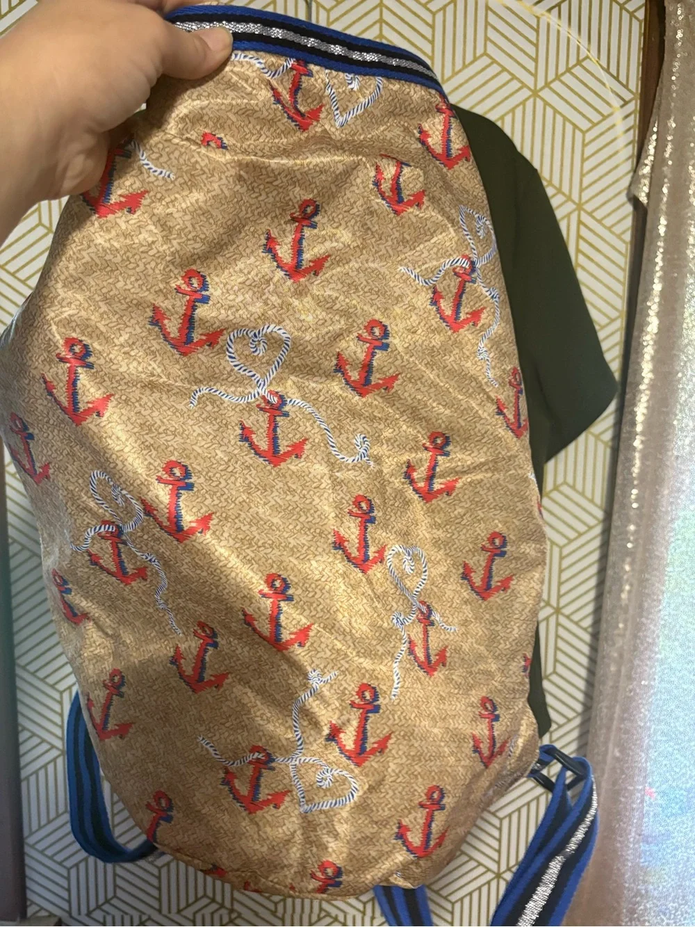 Vera Bradley Tan Anchor Print Backpack with Blue-Striped Straps